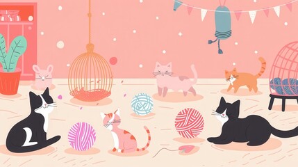 Poster - A group of cats joyfully interacts with various toys and colorful yarns in a warm and inviting indoor setting. Generative AI