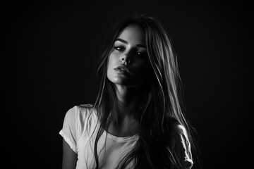  A beautiful woman with long hair, isolated on a black background, in black-and-white photography.