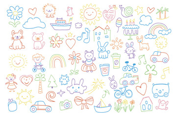 Poster - Cute hand drawn doodles mega set elements in flat graphic design. Collection objects of flowers, hearts, clouds, lion, ship, sun, snail, stars, palm, rainbow, cat, dog and other. Vector illustration.