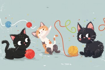 Poster - Three adorable cats, one calico and two black, play excitedly with yarn and colorful balls in a cheerful, lively environment. Generative AI