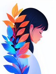 Wall Mural - A girl with long dark hair appears contemplative, adorned with colorful leaves that create a striking visual contrast