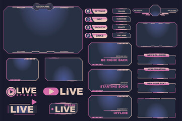 Aufkleber - Gamers stream screen frames mega set elements in flat graphic design. Collection objects of bars and buttons, different panels and huds with setting, info, live chat and other. Vector illustration.
