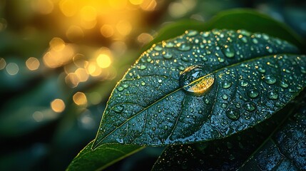 Wall Mural - green leaf with water droplets and blurry background