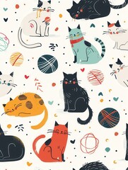Poster - Cats are engaging with vibrant toys, balls, and yarn, happily exploring their playful surroundings filled with fun patterns. Generative AI