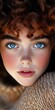 © Andrea Marongiu - Young woman stare with curly red hair, freckles, and blue eyes exudes natural beauty in a cozy sweater, highlighted by soft lighting; redhead girl closeup with intense gaze