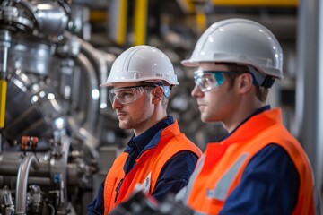 two engineers operate plumbing equipment at an industrial plant