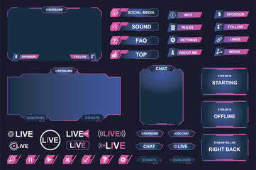 Poster - Twitch streaming interface mega set elements in flat graphic design. Collection objects of neon glow style online game and video stream menu with buttons, bars, huds, information. Vector illustration.
