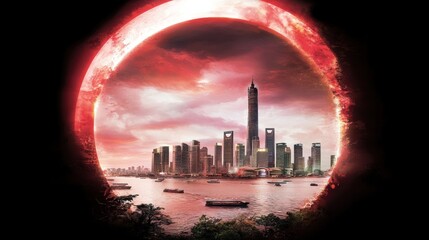 Poster - Cityscape with Dramatic Lunar Eclipse Effect