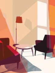 Wall Mural - The silhouettes of an armchair, table, and lamp stand out against a light gradient backdrop, evoking a warm and inviting setting. Generative AI