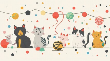 Poster - A group of cats play with various toys, including balls and colorful yarn, in a lively and fun-filled environment. Generative AI