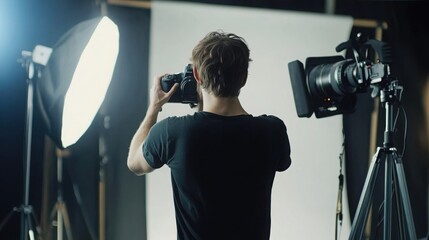 photographer at work in a studio, holding a professional camera and directing the shoot