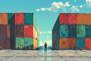 Man in an orange jacket stands in front of a large stack of red shipping containers. He is wearing a hard hat and he is looking up at something. Concept of hard work and dedication