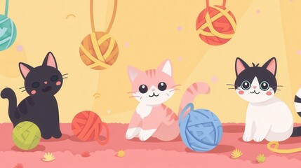 Poster - Three adorable cats are joyfully playing with colorful yarn balls in a bright, cheerful atmosphere, showcasing their playful nature. Generative AI