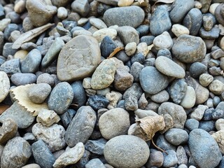 River, sea pebbles, small fraction. Stones for path. Gravel. Pebbles in landscape design. Round stones close up