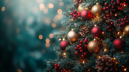 Christmas tree with red baubles, fir cones and lights bokeh background. Space for text. Copy space. Greeting card.