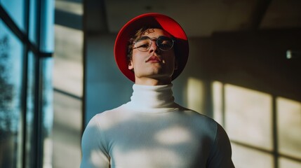 A young man in a red hat, standing confidently under soft sunlight and shadows. A stylish look that catches attention in a modern space.