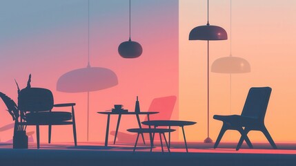 Poster - Various furniture silhouettes create a cozy atmosphere on a light gradient background, suggesting a serene evening setting. Generative AI