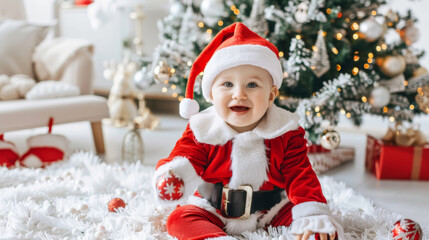 Smiling baby in a Santa Claus costume sitting near a Christmas tree with festive decorations. Concept of Christmas, holiday cheer, winter celebration, and family joy