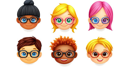 Poster - Cartoon Faces of Diverse Characters With Glasses on a White Background Generative AI