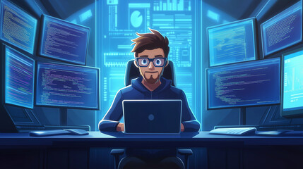 Young programmer in high-tech workspace surrounded by multiple screens, focused on coding. Cybersecurity, software development, and technology innovation concept for modern IT professionals.