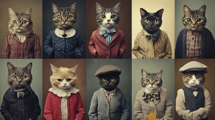 Naklejka na meble Collage of ten cats dressed in vintage clothing.
