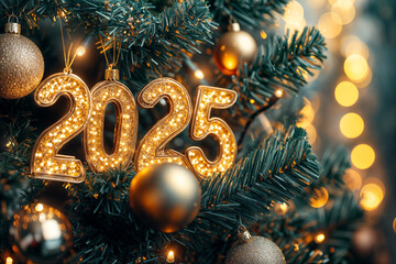 Christmas decoration with an illuminated Christmas tree and the number 2025 in golden letters hanging from its branches.