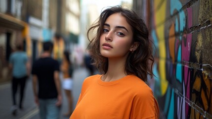 A stylish woman in an orange shirt stands confidently in a colorful urban setting, blending fashion with vibrant street art.