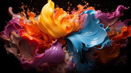 Wall Mural - Abstract circle liquid motion flow explosion. Curved wave colorful pattern with paint drops on black background
