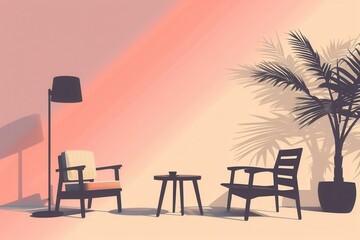 Wall Mural - A collection of modern furniture silhouettes features an armchair, table, lamp, and a plant, all against a soft gradient background. Generative AI