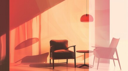 Poster - A cozy arrangement features silhouettes of an armchair, table, and lamp set against a soft light gradient, creating warmth and comfort. Generative AI