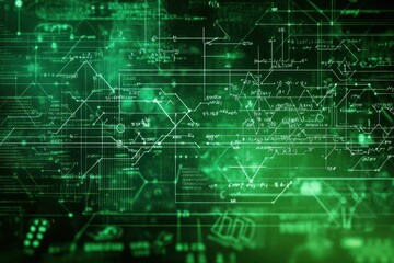 Abstract Green Digital Network with Mathematical Equations and Circuitry Patterns - A Visual Representation of Technology, Connectivity, and Complexity.