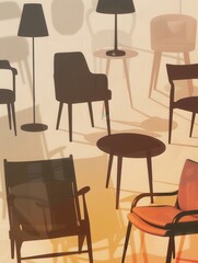 Wall Mural - The silhouettes of an armchair, table, and lamp create a stylish composition against a soft, light gradient background. Generative AI