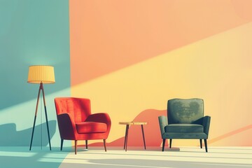Fototapete - Various silhouettes of furniture pieces are showcased against a soft gradient backdrop, creating a warm and inviting atmosphere. Generative AI