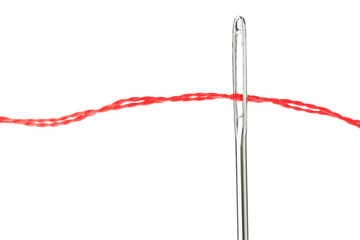 Sticker - Sewing needle with red thread isolated on white, closeup