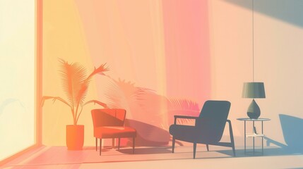 Aufkleber - Silhouettes of an armchair, table, and lamp create a cozy atmosphere against a soft gradient backdrop, highlighting modern design. Generative AI