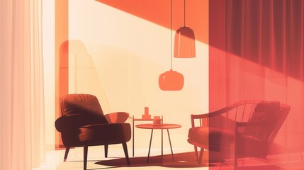 Fototapete - Silhouettes of an armchair, a table, and a lamp create a serene ambiance against a warm gradient background in a cozy interior setting. Generative AI