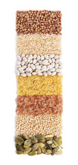 Canvas Print - Different types of cereals, legumes and seeds isolated on white, top view