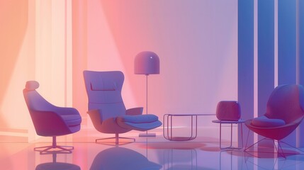 Wall Mural - Stylized silhouettes of furniture include an armchair, table, and lamp, creating a calming ambiance with a gradient backdrop. Generative AI