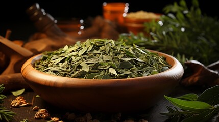 Wall Mural - Aromatic dried tea leaves in wooden spoon with fresh green leaves