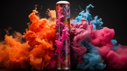 Wall Mural - Black aerosol can with cloud of colored powders