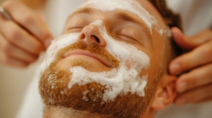 A young man receives a gentle shave at a barber shop, his face covered in soft foam, highlighting the serenity and comfort of this grooming ritual tailored for relaxation.