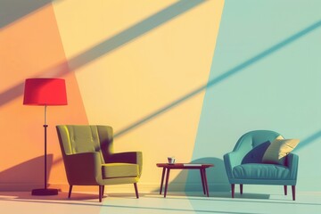 Poster - Various silhouettes of an armchair, a lamp, and a table emerge against a gentle gradient, enhancing the room's inviting ambiance. Generative AI