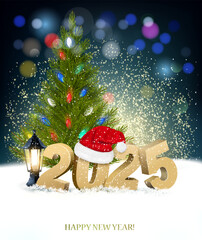 Poster - New Year and Merry Christmas Holiday Background with 2025 and colorful garland. Vector.