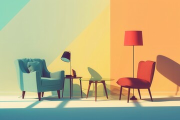 Wall Mural - The silhouettes of an armchair, a sleek table, and lamps appear against a warm gradient backdrop, creating a cozy atmosphere. Generative AI