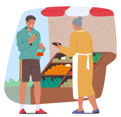 Wall Mural - Man Purchases Fresh Produce From A Local Market Vendor. Male Character Making Transaction Using A Contactless Payment