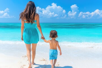 Wall Mural - Mother and child walking hand in hand on a sunny beach day