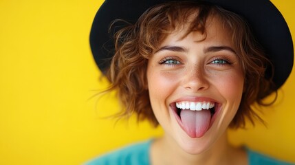 A woman with short hair and a stylish hat joyfully shows her tongue against a bright yellow wall, exuding happiness and vibrant energy in a contemporary setting.