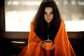 Moody woman wrapped in orange blanket holding steaming mug in cozy winter setting