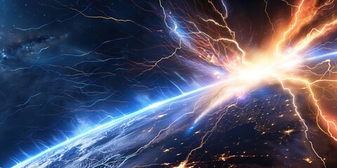 Wall Mural - an intense emp wave from a nuclear explosion sends powerful energy across earth’s atmosphere, electr