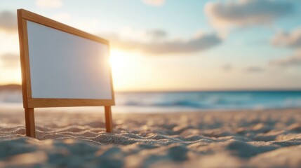 A blank wooden-framed sign stands on a sandy beach, illuminated by the setting sun, with gentle ocean waves in the background under a partly cloudy sky.